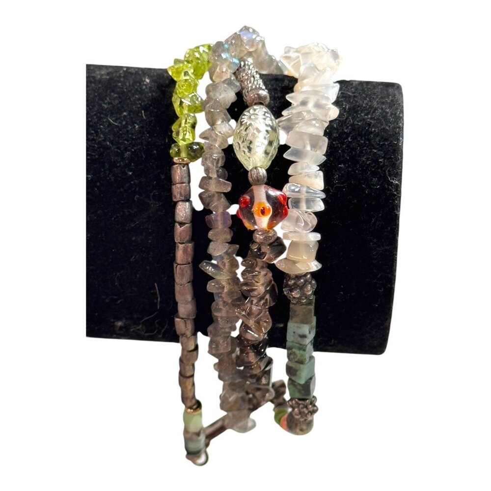 Vt 925 Sterling Silver Chunky Multi Strand Labradorite Moonstone Beaded Bracelet